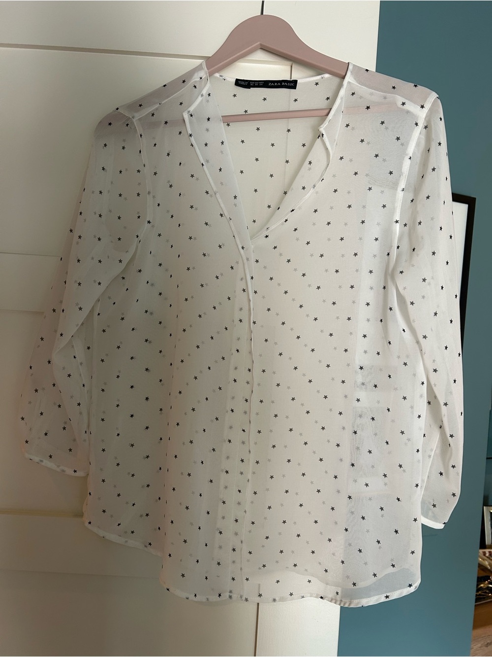Zara White Sheer Blouse with Black Star Print